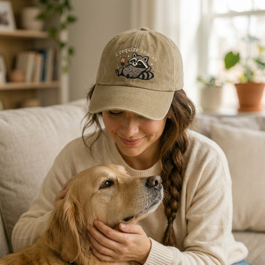 Woman wearing a cap with a raccoon design, sitting on a couch with a dog.