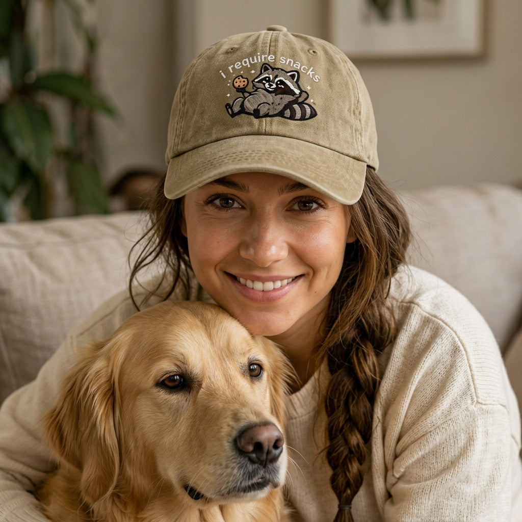 Woman wearing a cap with a raccoon design and a dog on a couch