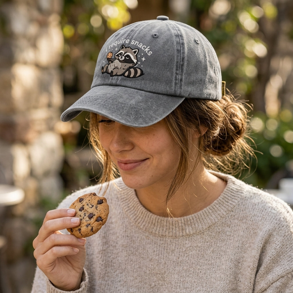 Woman wearing a cap with a raccoon design and holding a cookie outdoors.