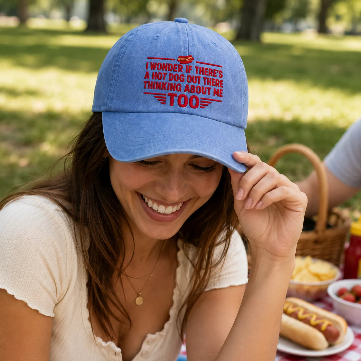 I Wonder If There's a Hot Dog Out There Thinking Washed Cap - washed cap - detail