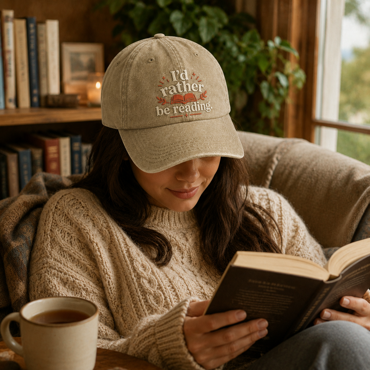 I'd Rather Be Reading Embroidered Washed Cap - Washed Cap - side view