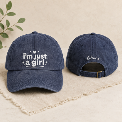I'm Just A Girl Embroidered Washed Cap - Washed Cap - front view