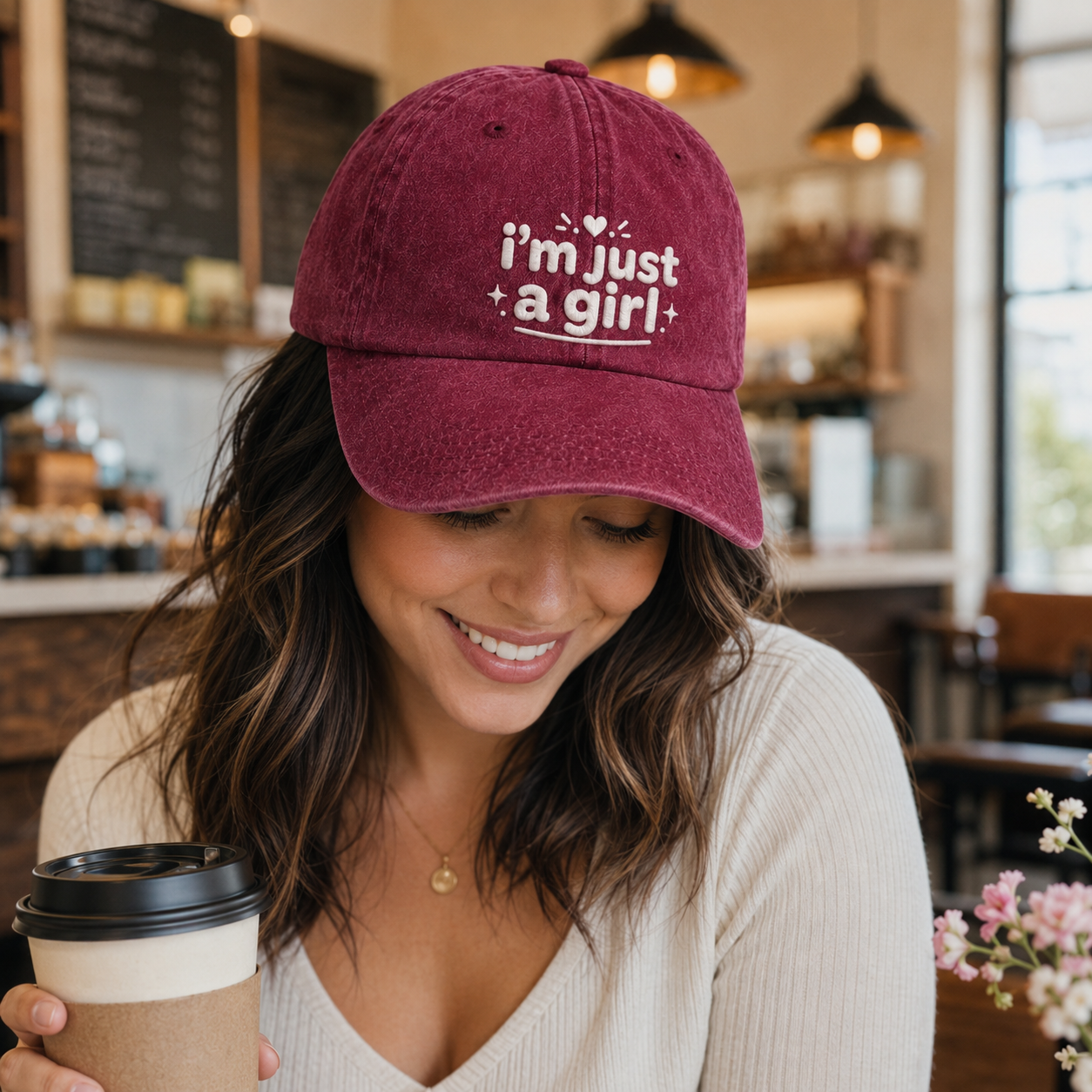 I'm Just A Girl Embroidered Washed Cap - Washed Cap - side view