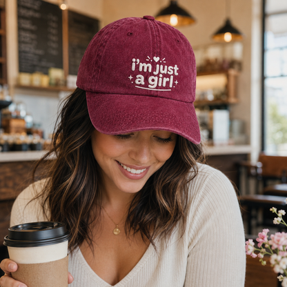 I'm Just A Girl Embroidered Washed Cap - Washed Cap - side view