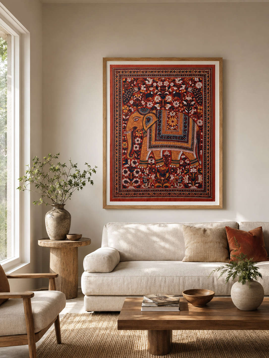 Indian Elephant Peacock Print - Wall Art Decor - detail view - indian elephant art print, red elephant wall art