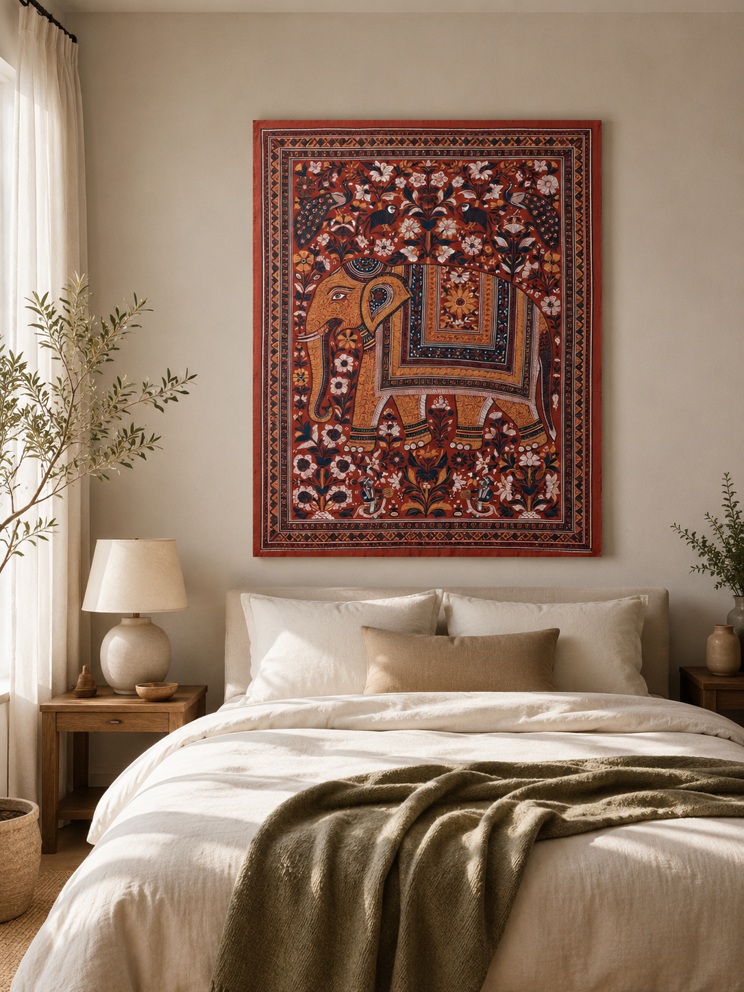 Indian Elephant Peacock Print - Wall Art Decor - lifestyle shot - indian elephant art print, red elephant wall art