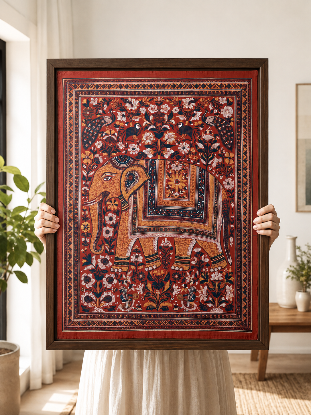 Indian Elephant Peacock Print - Wall Art Decor - detail view - indian elephant art print, red elephant wall art