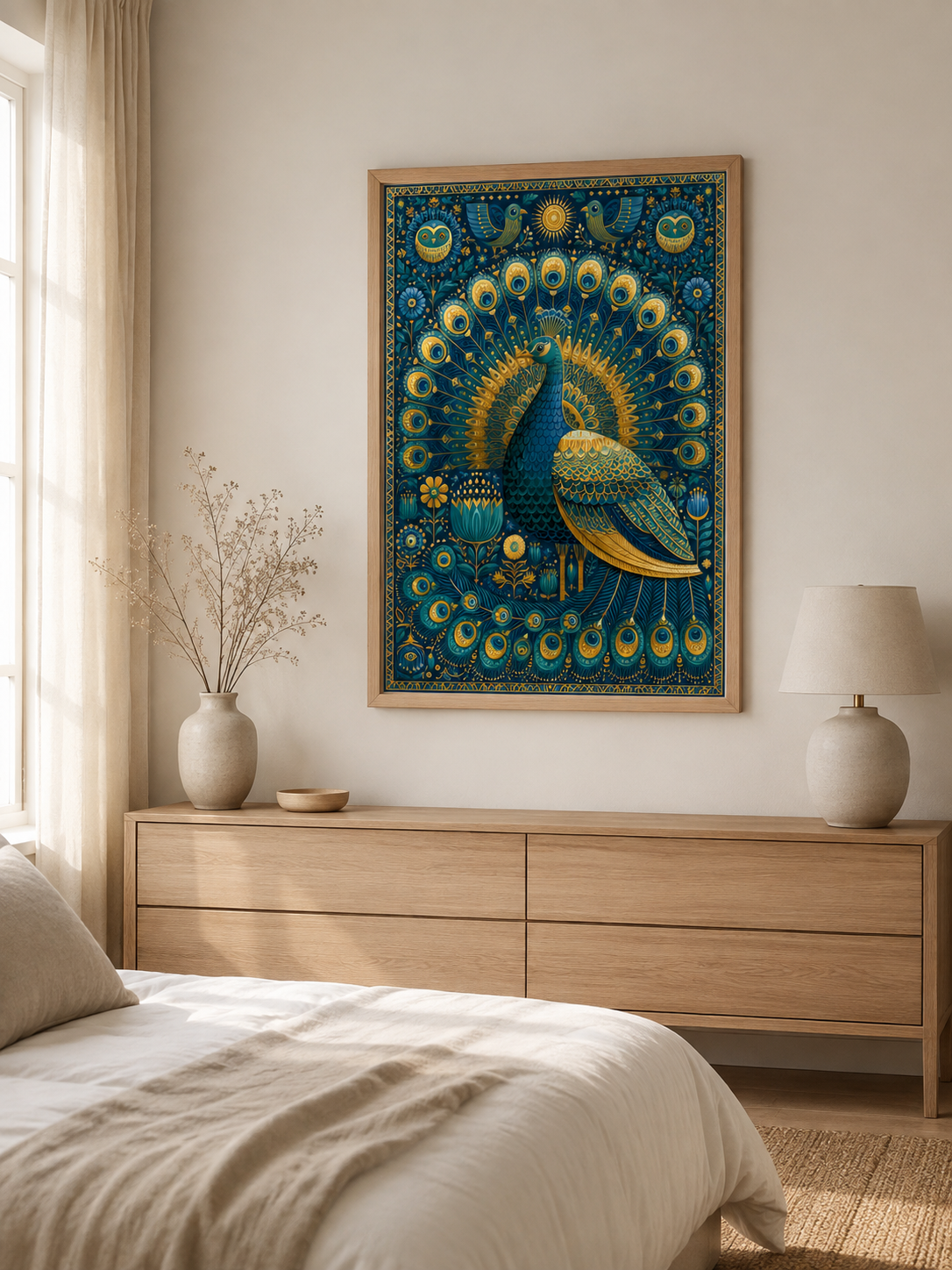Indian Peacock Wall Art - Wall Art Decor - lifestyle shot - indian peacock wall art, peacock art print