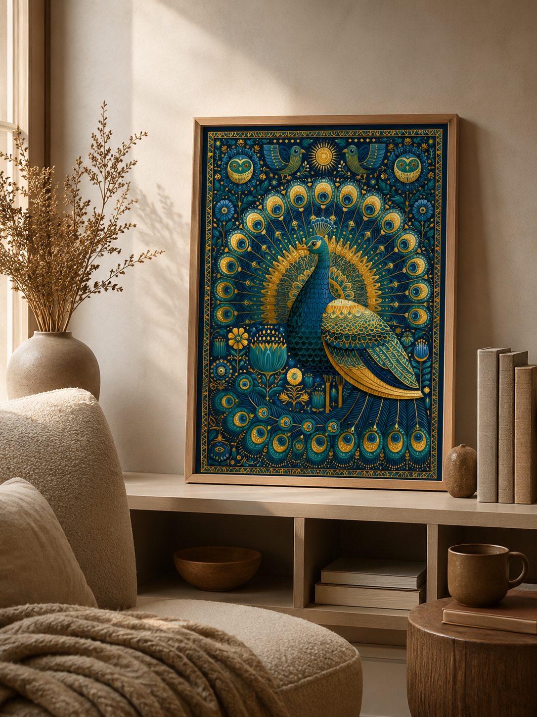 Indian Peacock Wall Art - Wall Art Decor - front view - indian peacock wall art, peacock art print