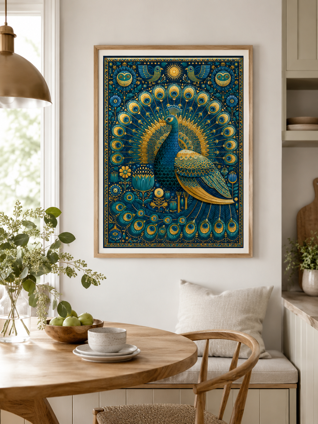 Indian Peacock Wall Art - Wall Art Decor - lifestyle shot - indian peacock wall art, peacock art print