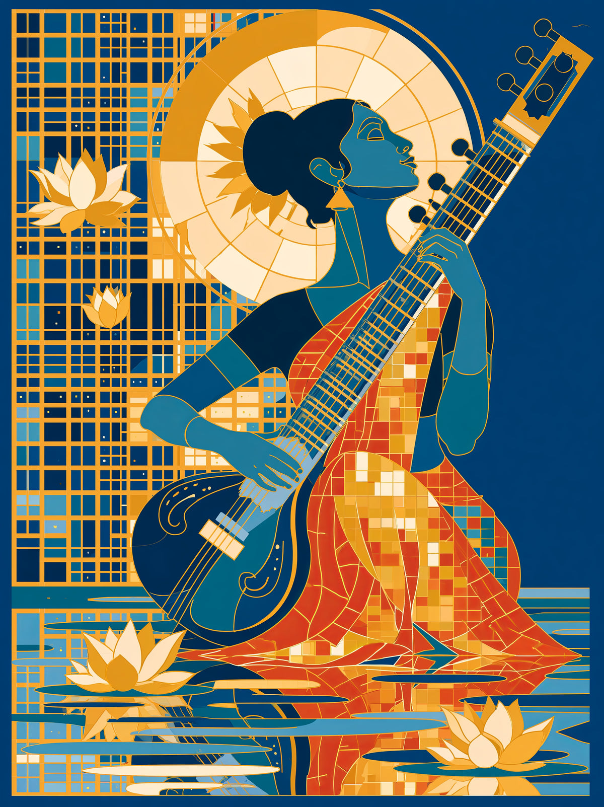 Indian Sitar Wall Art - Wall Art Decor - front view - indian sitar wall art, sitar player art print