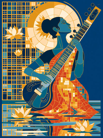 Indian Sitar Wall Art - Wall Art Decor - front view - indian sitar wall art, sitar player art print