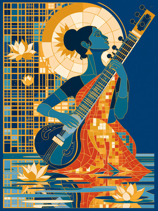 Indian Sitar Wall Art - Wall Art Decor - front view - indian sitar wall art, sitar player art print