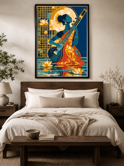 Indian Sitar Wall Art - Wall Art Decor - lifestyle shot - indian sitar wall art, sitar player art print
