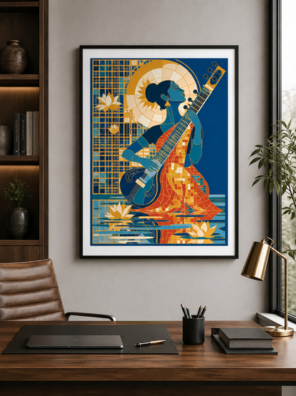 Indian Sitar Wall Art - Wall Art Decor - close-up - indian sitar wall art, sitar player art print
