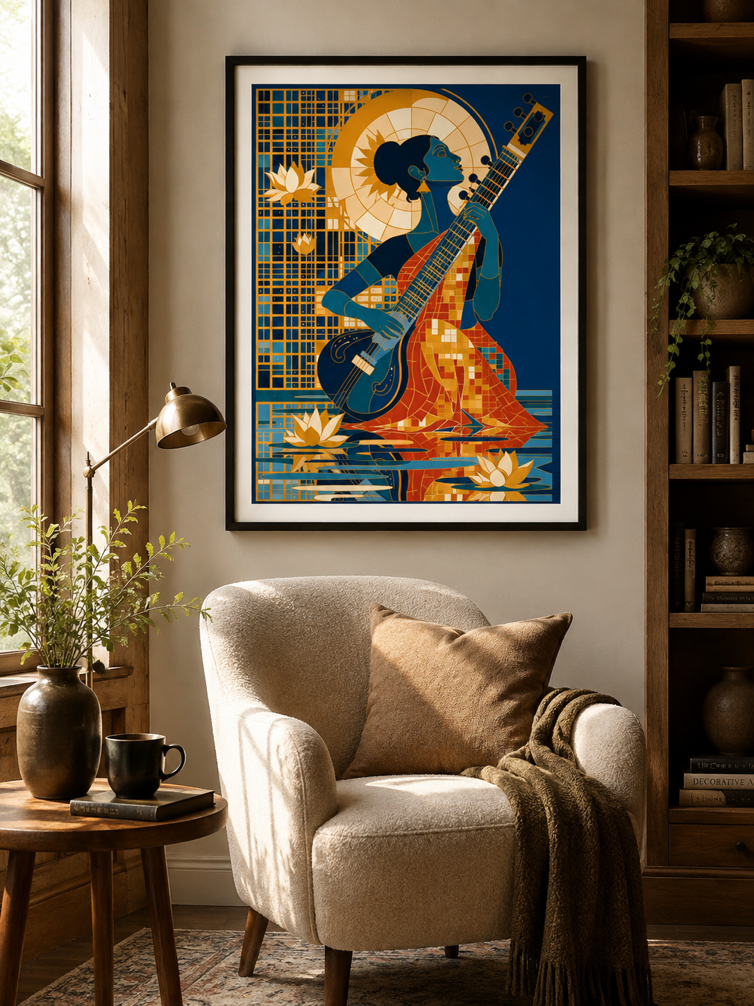 Indian Sitar Wall Art - Wall Art Decor - front view - indian sitar wall art, sitar player art print