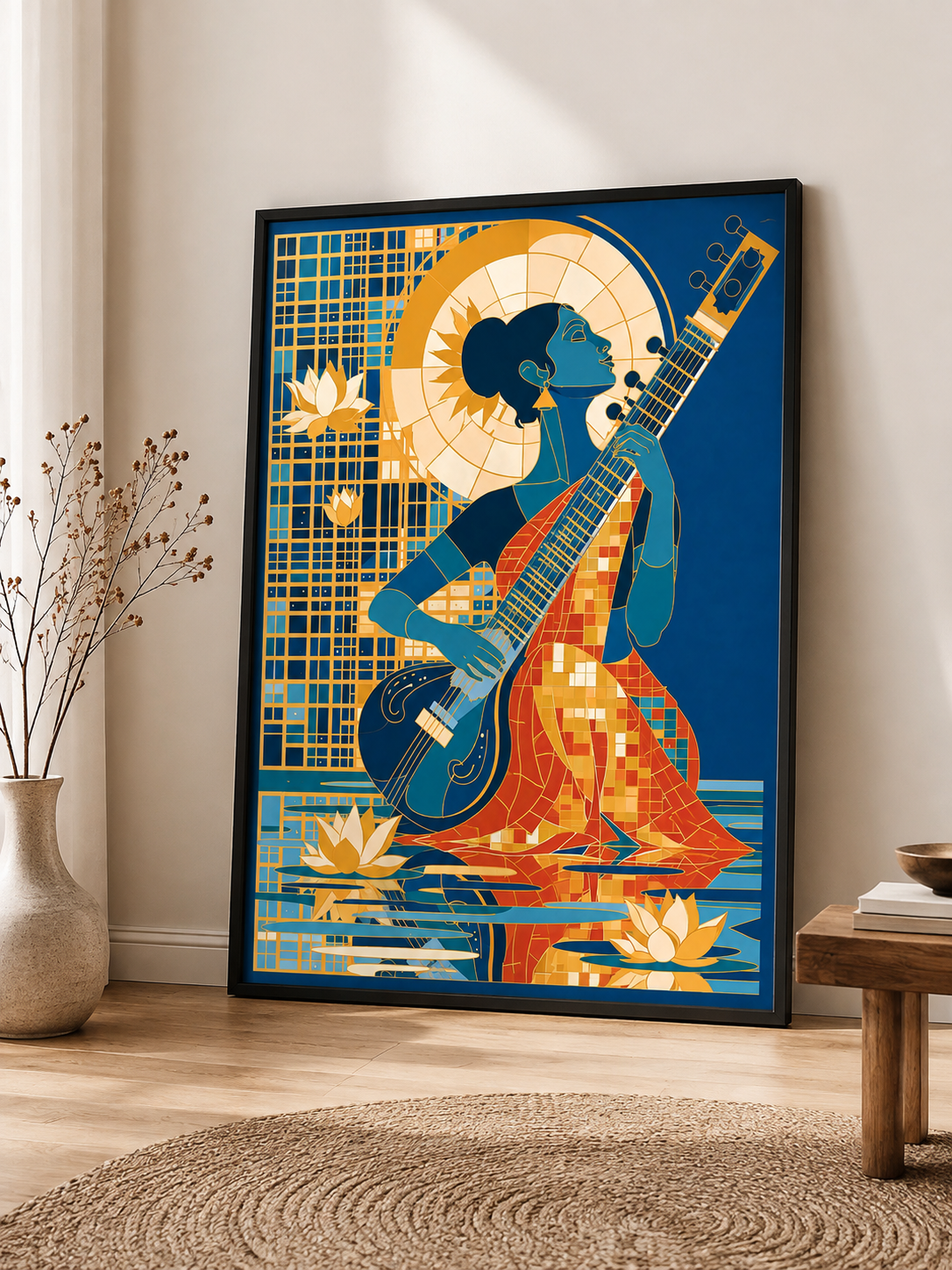 Indian Sitar Wall Art - Wall Art Decor - detail view - indian sitar wall art, sitar player art print