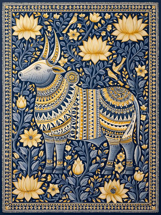 Indian Zebu Art Print - Wall Art Decor - front view - navy gold wall decor, ornamental animal art