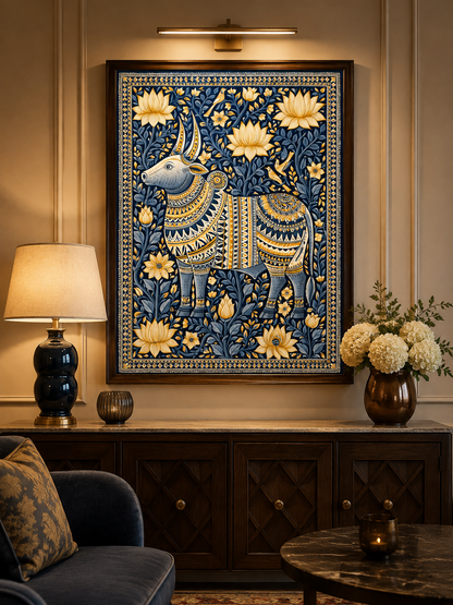Indian Zebu Art Print - Wall Art Decor - alternate angle - navy gold wall decor, ornamental animal art