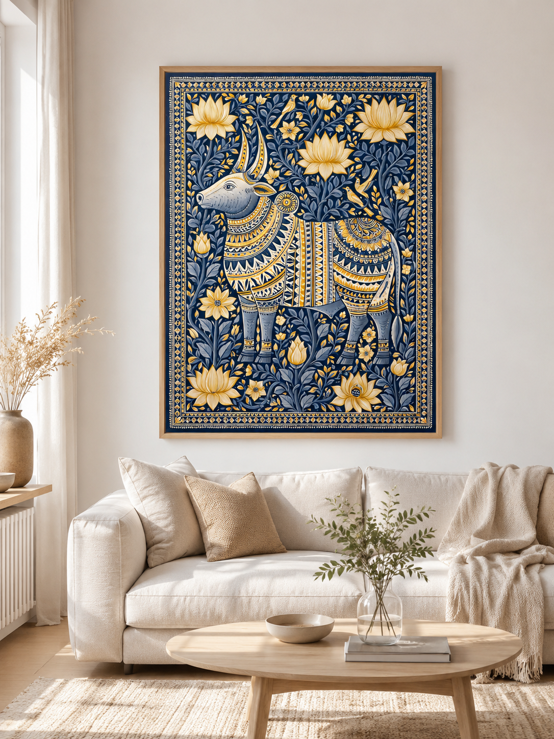 Indian Zebu Art Print - Wall Art Decor - detail view - navy gold wall decor, ornamental animal art