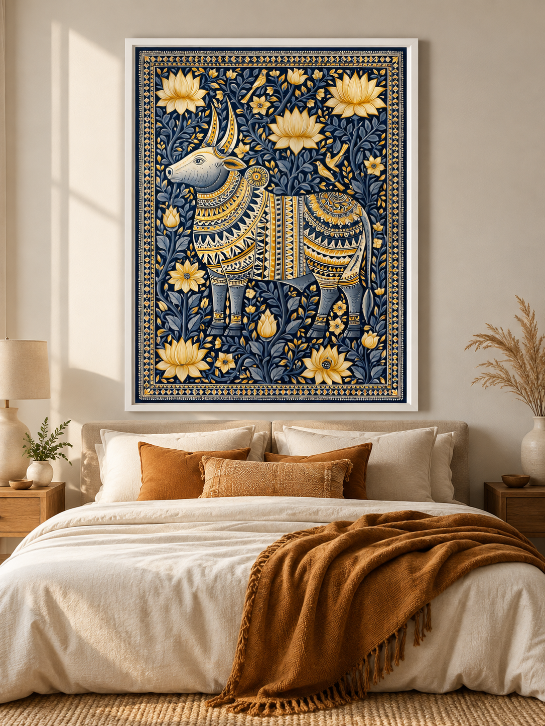 Indian Zebu Art Print - Wall Art Decor - lifestyle shot - navy gold wall decor, ornamental animal art