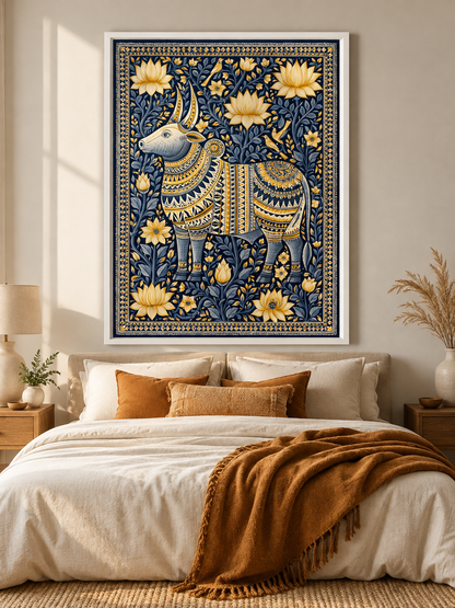 Indian Zebu Art Print - Wall Art Decor - lifestyle shot - navy gold wall decor, ornamental animal art