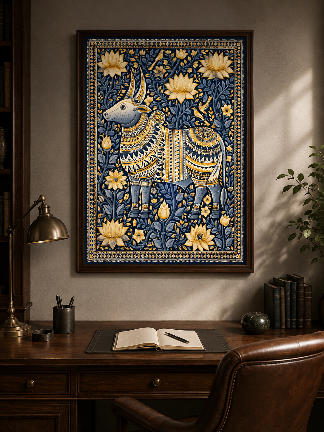 Indian Zebu Art Print - Wall Art Decor - close-up - navy gold wall decor, ornamental animal art