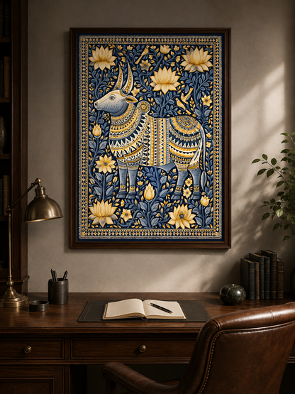 Indian Zebu Art Print - Wall Art Decor - close-up - navy gold wall decor, ornamental animal art