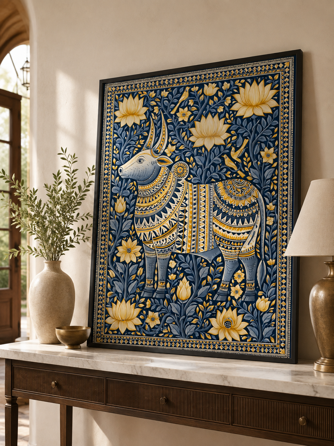 Indian Zebu Art Print - Wall Art Decor - alternate angle - navy gold wall decor, ornamental animal art