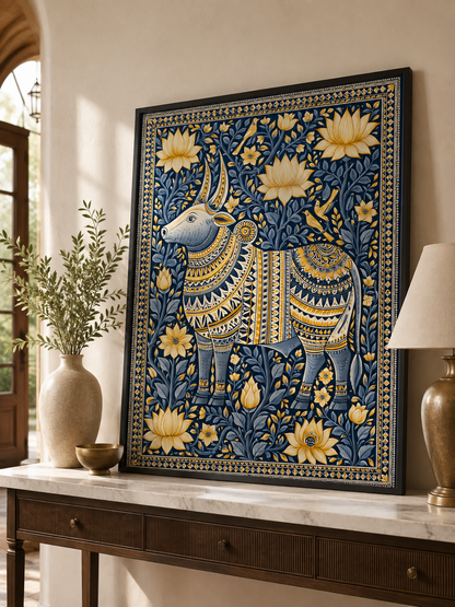 Indian Zebu Art Print - Wall Art Decor - alternate angle - navy gold wall decor, ornamental animal art