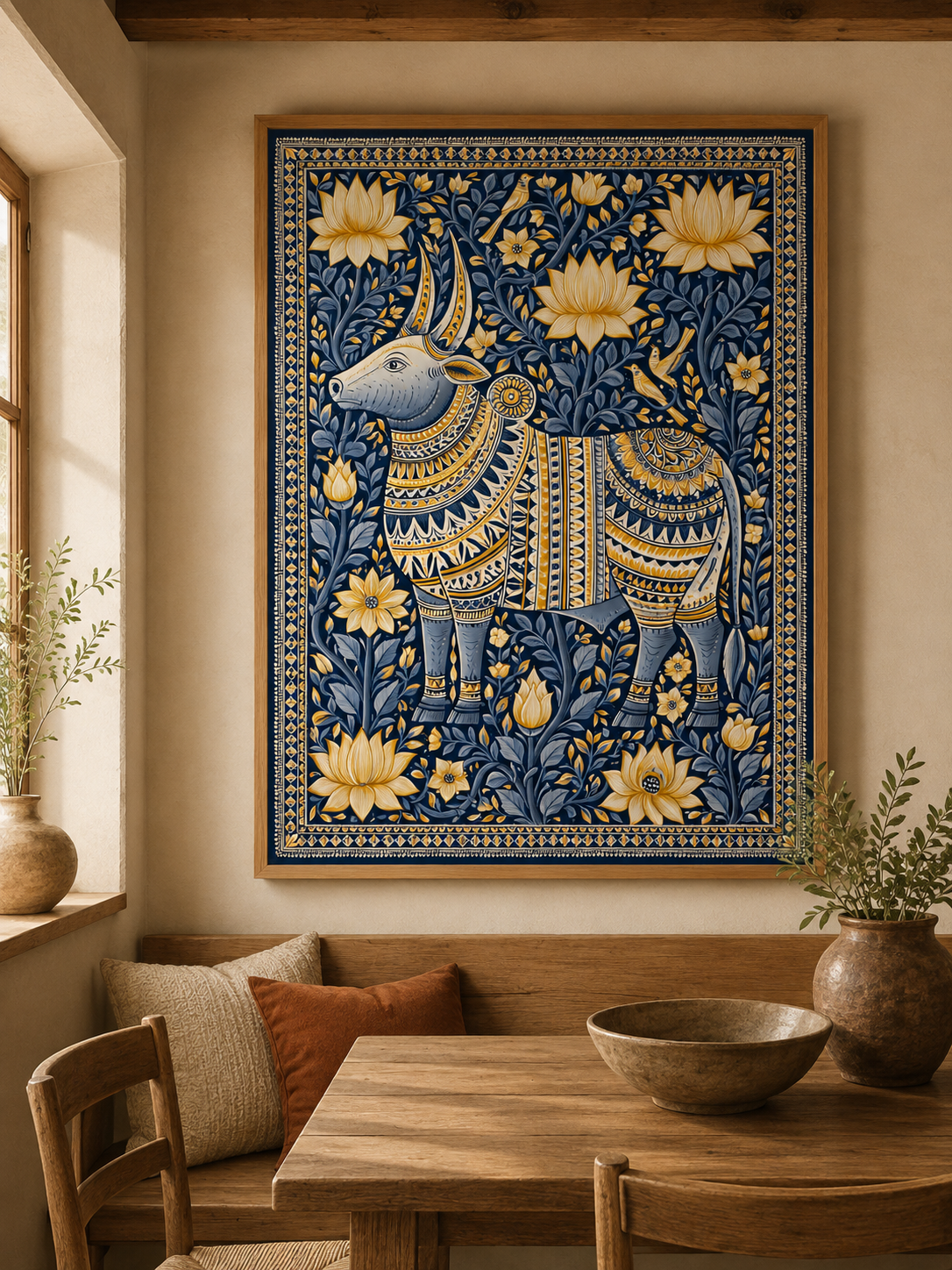 Indian Zebu Art Print - Wall Art Decor - packaging - navy gold wall decor, ornamental animal art
