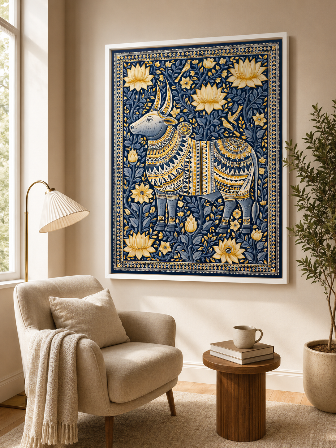 Indian Zebu Art Print - Wall Art Decor - front view - navy gold wall decor, ornamental animal art
