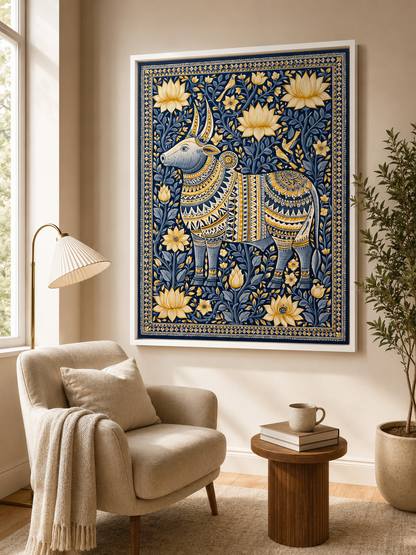 Indian Zebu Art Print - Wall Art Decor - front view - navy gold wall decor, ornamental animal art