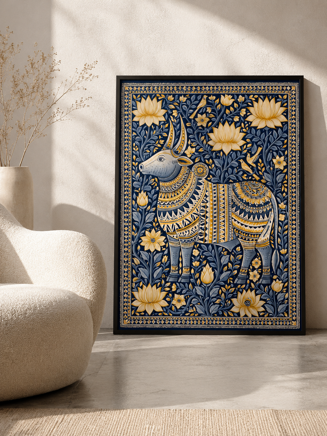 Indian Zebu Art Print - Wall Art Decor - detail view - navy gold wall decor, ornamental animal art