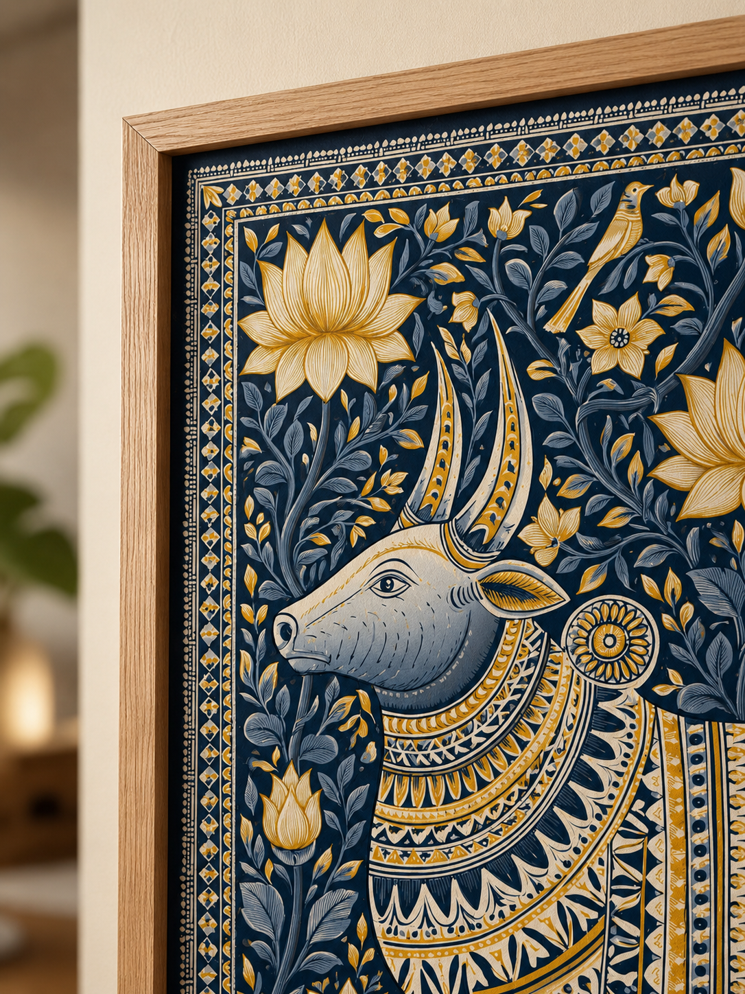 Indian Zebu Art Print - Wall Art Decor - lifestyle shot - navy gold wall decor, ornamental animal art