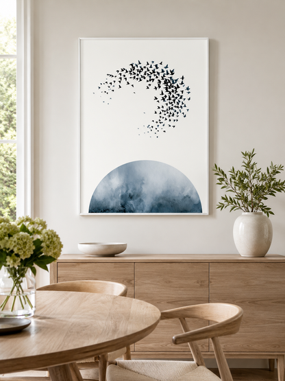 Indigo Bird Wall Art - Wall Art Decor - close-up - indigo bird wall art, minimalist bird poster