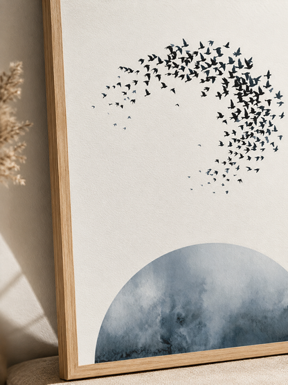 Indigo Bird Wall Art - Wall Art Decor - detail view - indigo bird wall art, minimalist bird poster