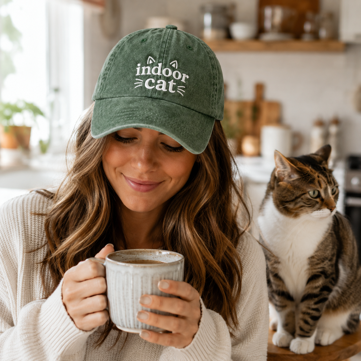 Indoor Cat Embroidered Washed Cap - Washed Cap - detail
