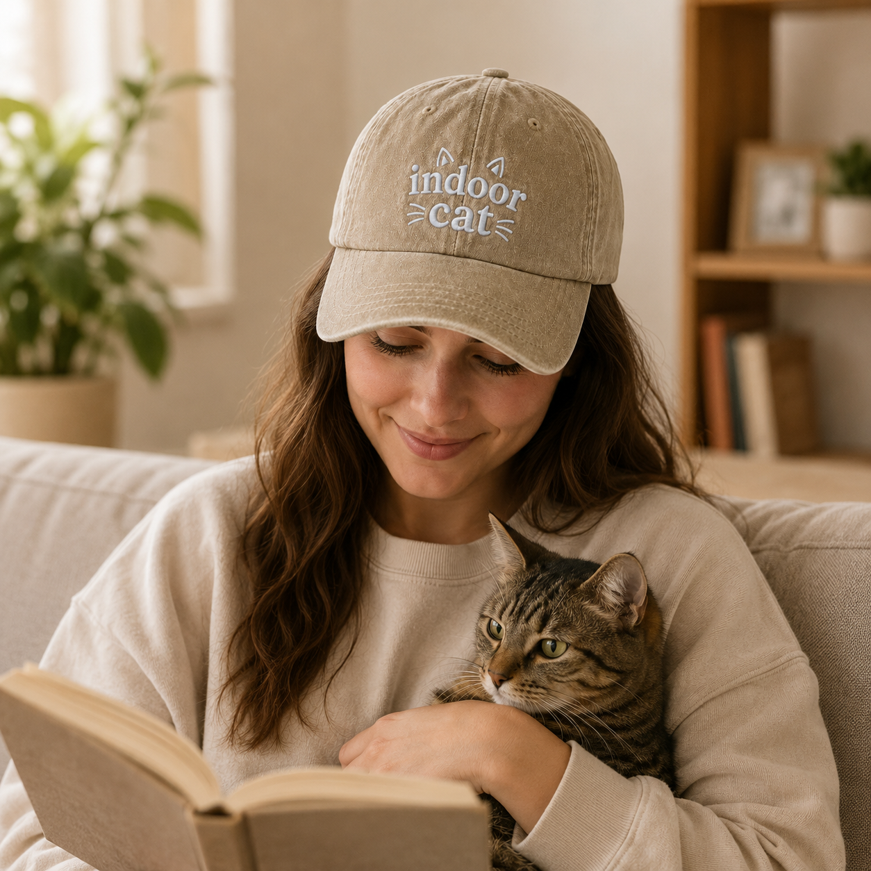 Indoor Cat Embroidered Washed Cap - Washed Cap - side view