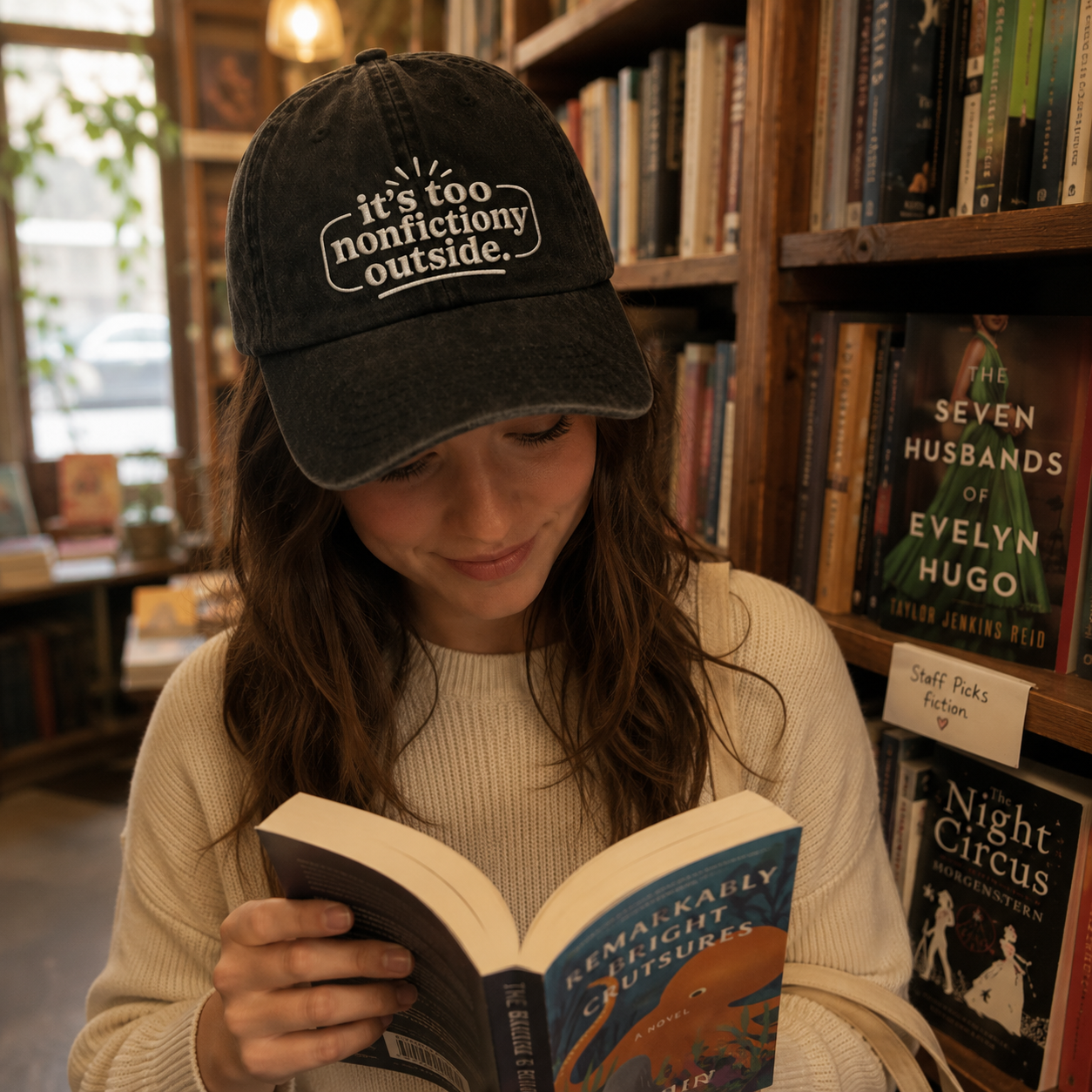 It's Too Nonfictiony Outside Embroidered Washed Cap - Washed Cap - side view