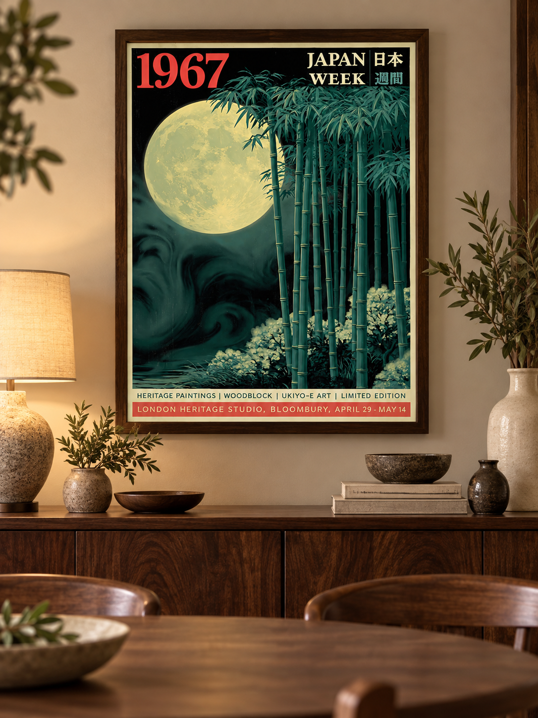 Japanese Bamboo Moon Poster - Wall Art Decor - detail view - bamboo moon wall art, bamboo forest art