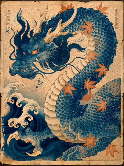Japanese Blue Dragon Wall Art Decor - Wall Art Decor - front view