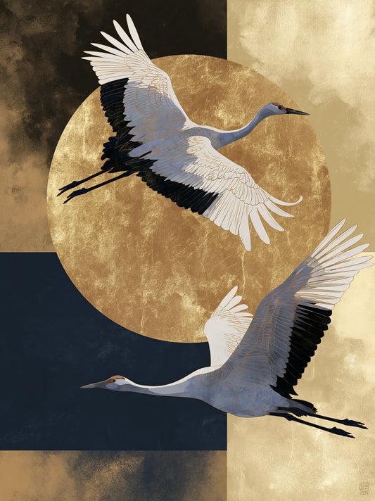 Japanse Kraanvogelkunstprint - Wall Art Decor - front view - japanese crane art print, gold crane wall art
