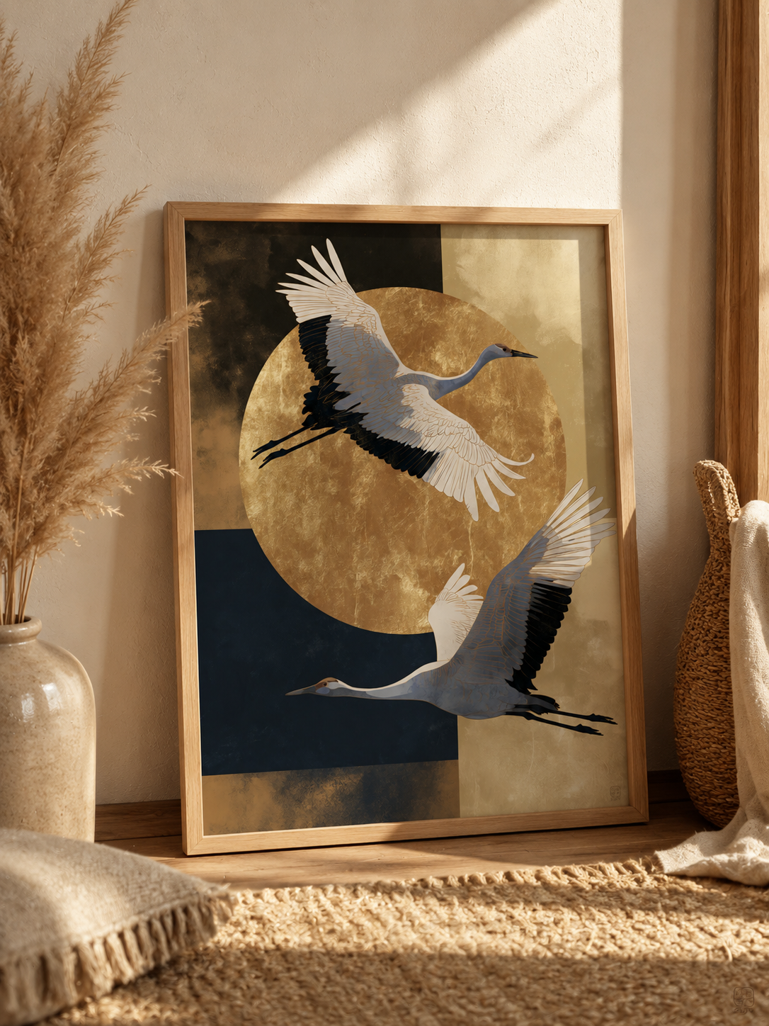 Japanse Kraanvogelkunstprint - Wall Art Decor - close-up - japanese crane art print, gold crane wall art