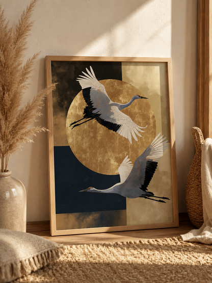 Japanse Kraanvogelkunstprint - Wall Art Decor - close-up - japanese crane art print, gold crane wall art
