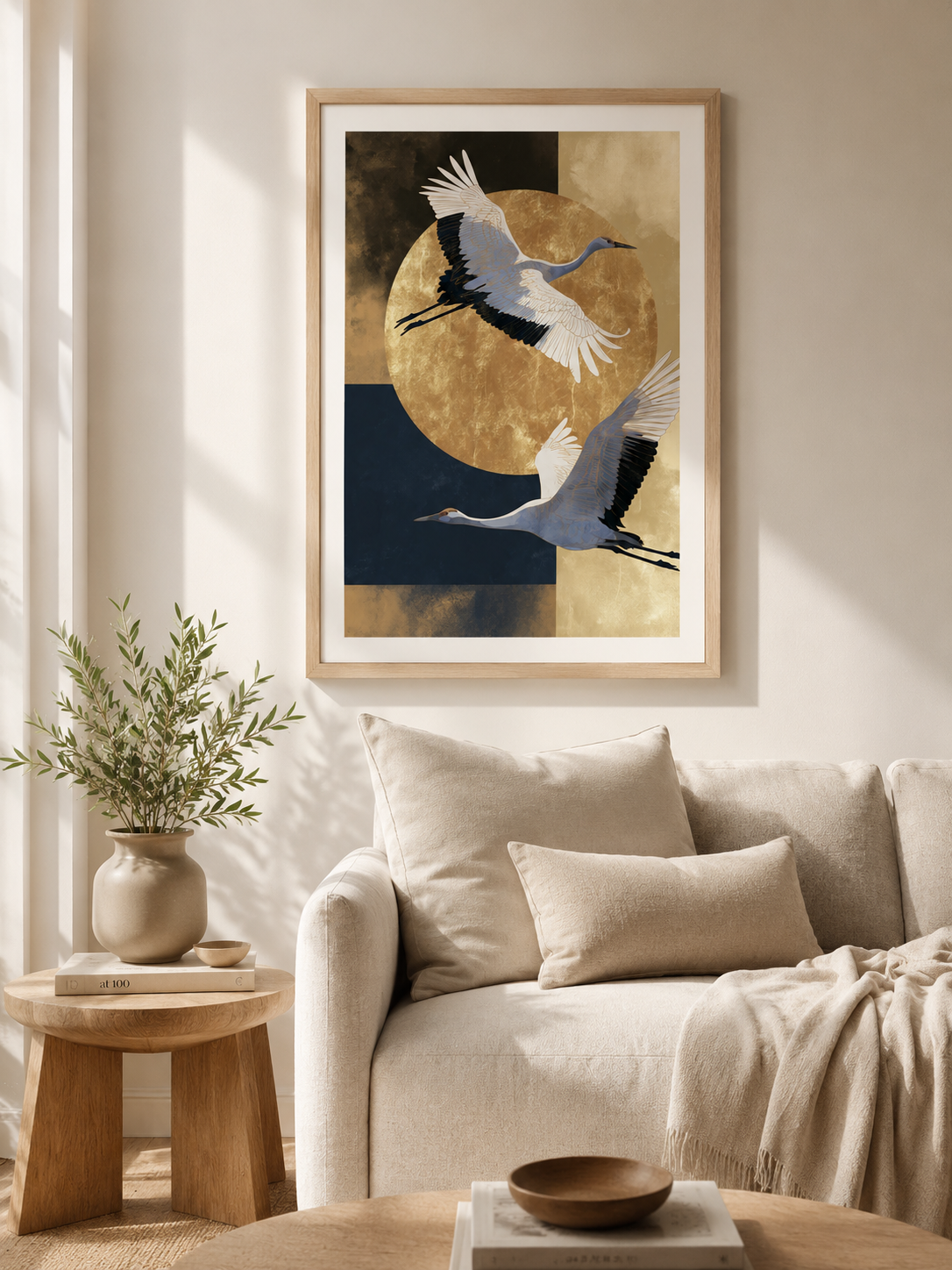 Japanse Kraanvogelkunstprint - Wall Art Decor - detail view - japanese crane art print, gold crane wall art