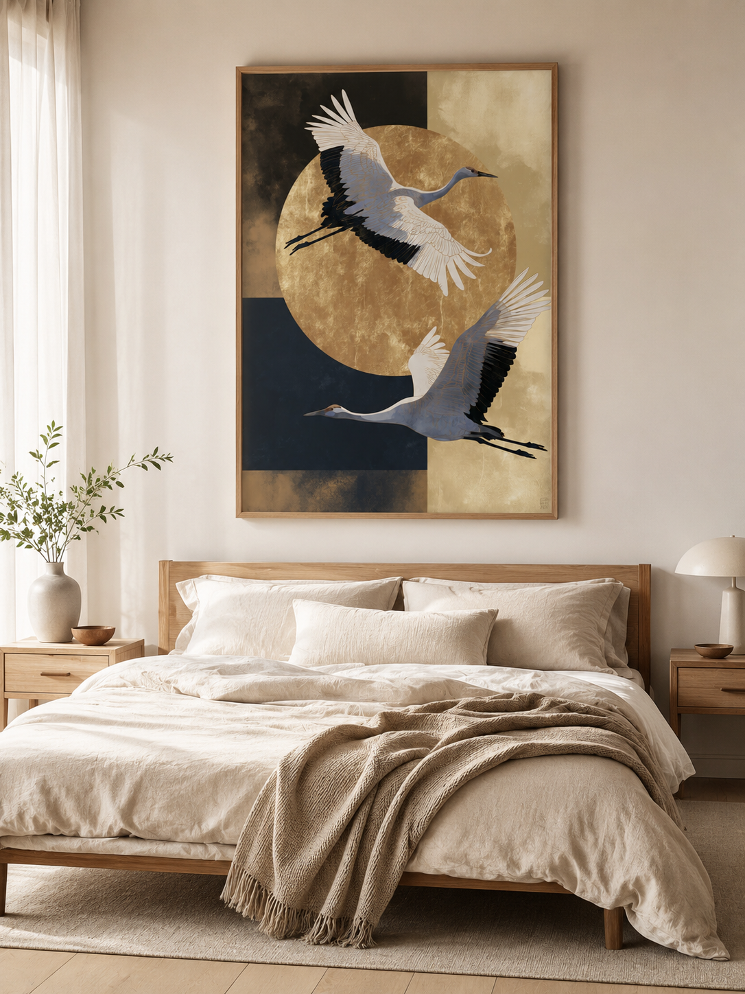 Japanse Kraanvogelkunstprint - Wall Art Decor - lifestyle shot - japanese crane art print, gold crane wall art