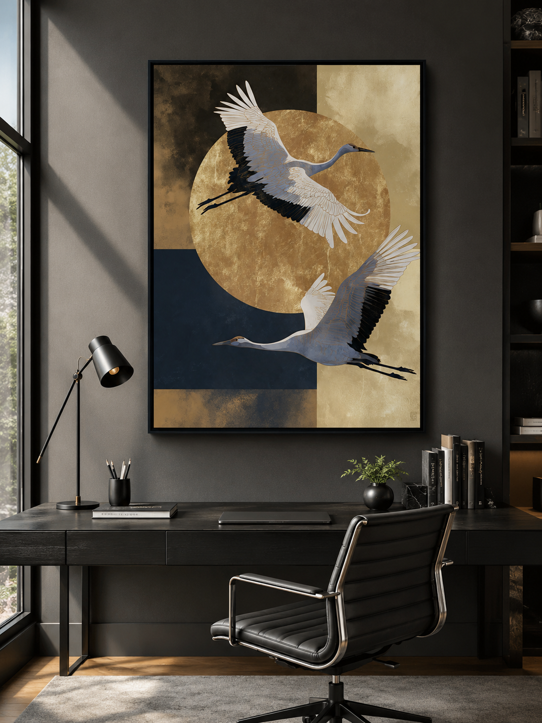 Japanse Kraanvogelkunstprint - Wall Art Decor - close-up - japanese crane art print, gold crane wall art
