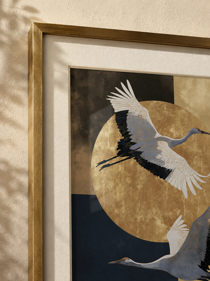 Japanse Kraanvogelkunstprint - Wall Art Decor - front view - japanese crane art print, gold crane wall art