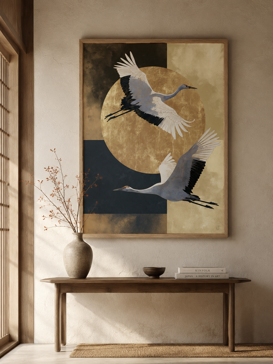 Japanse Kraanvogelkunstprint - Wall Art Decor - lifestyle shot - japanese crane art print, gold crane wall art